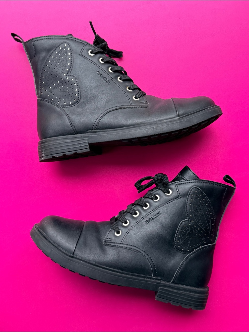Geox J Eclair Girls Black Leather Studded Butterfly Combat Boots Youth Size 5